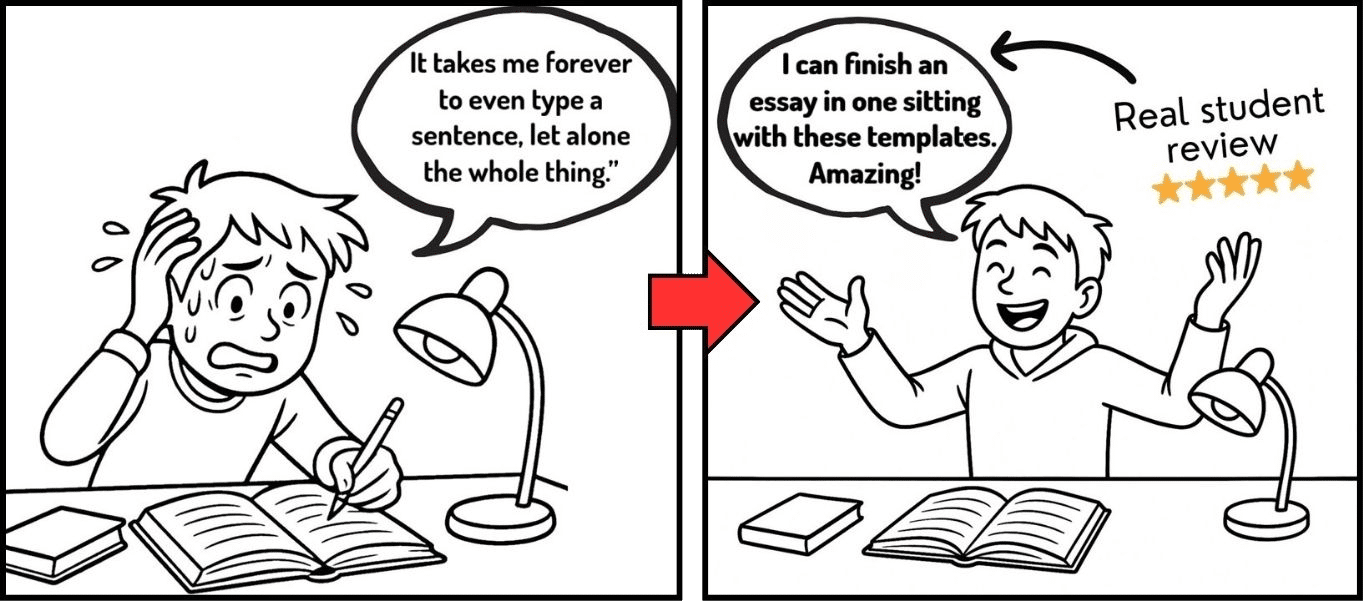 Cartoon student studying with books and notes on a desk