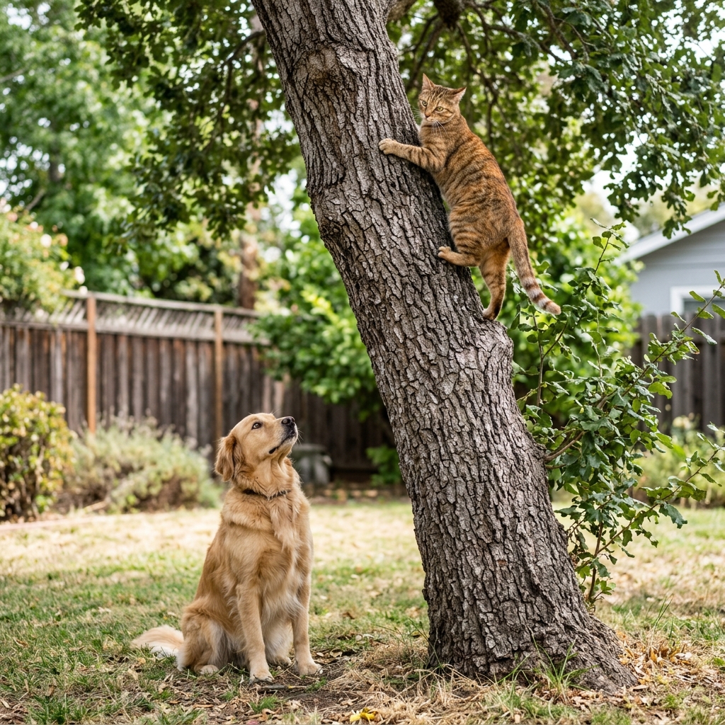 11. Cat chasing dog up tree.