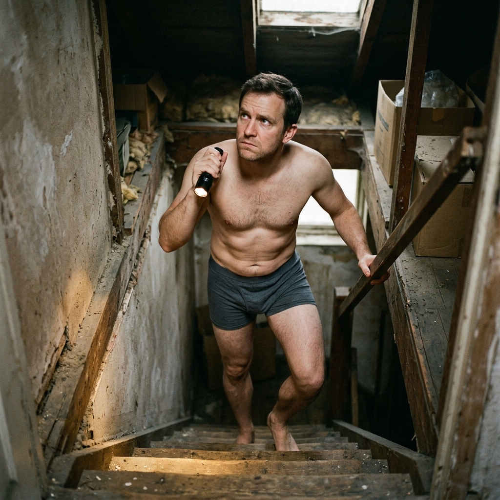 1. Investigates a strange noise in the attic while wearing only boxers