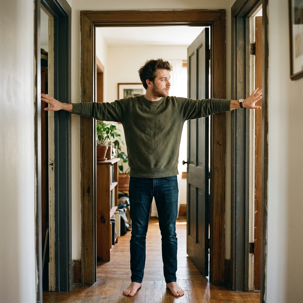 11. Measures his arm span against a doorway
