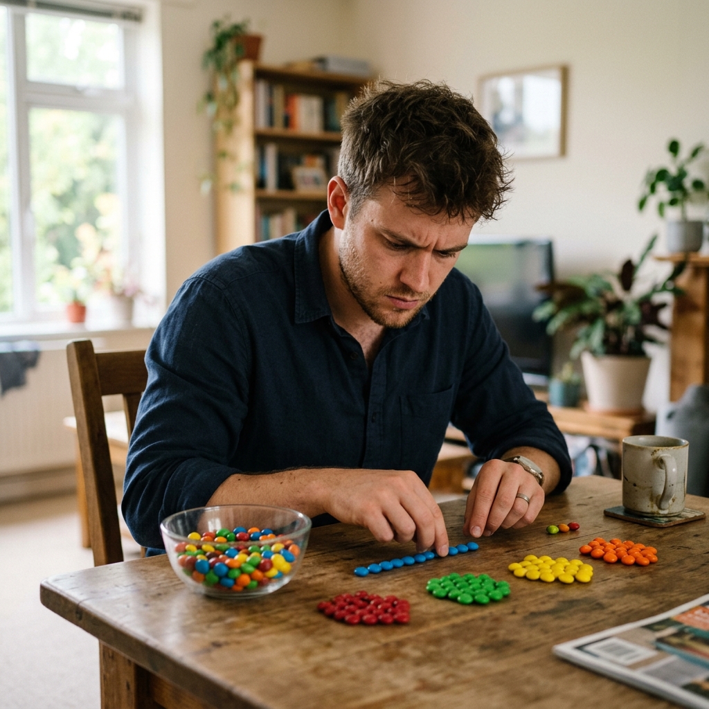 12. Arranges snacks by size or color before eating them