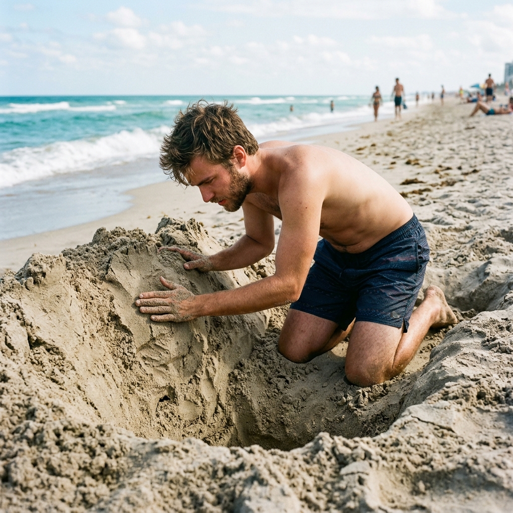 15. Checks the "structural integrity" of a hole they dug at the beach