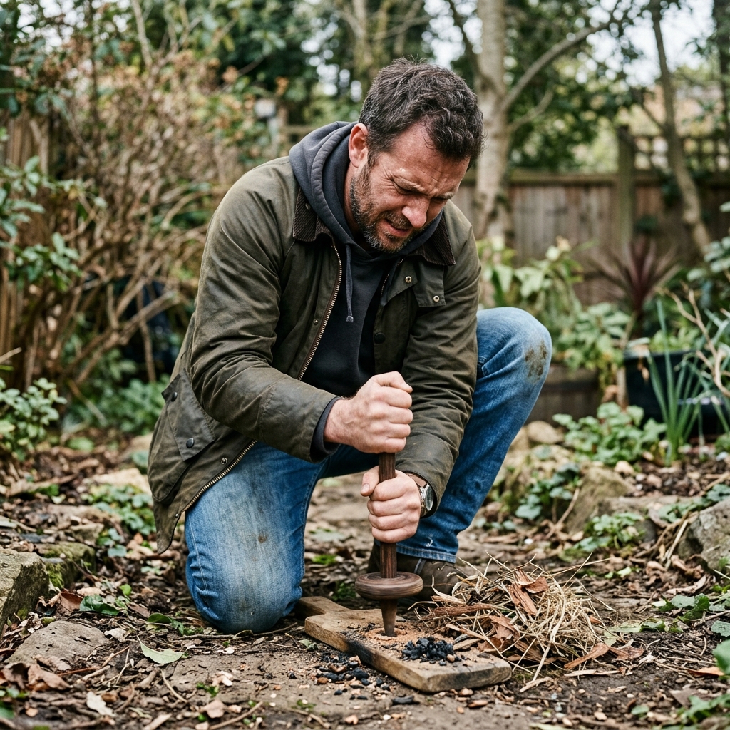 17. Attempts to start a fire with two sticks in the backyard
