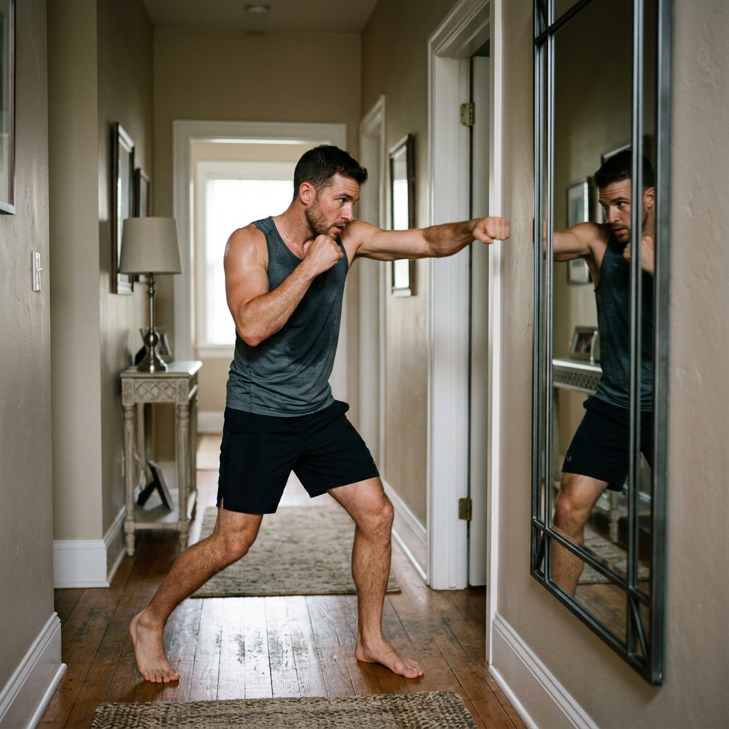 18. Shadowboxes in front of a hallway mirror