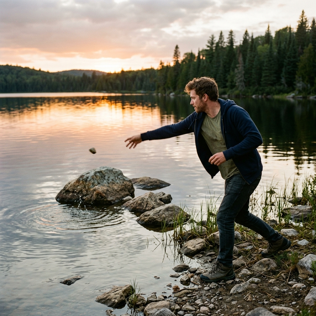 26. Throws rocks at a larger rock in a body of water