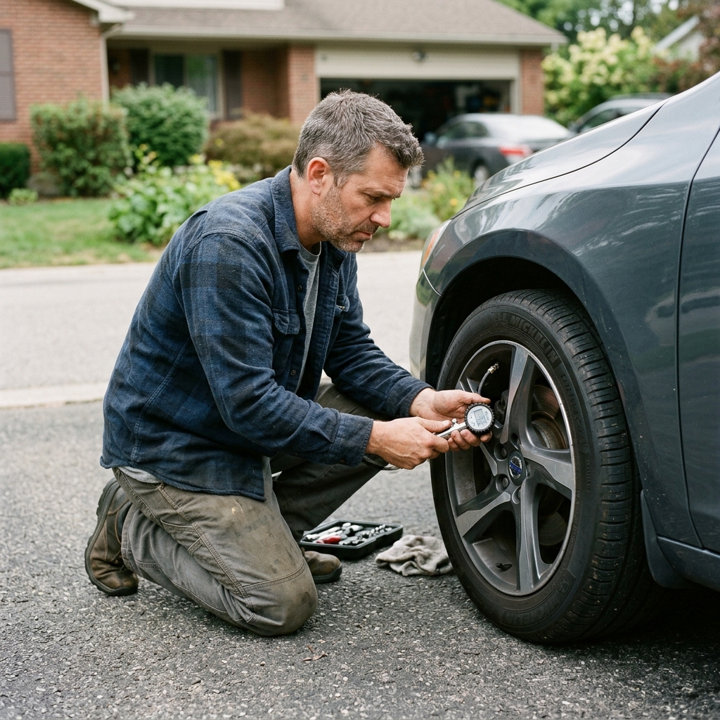 3. Checks the car's tire pressure three times before a 10-mile trip