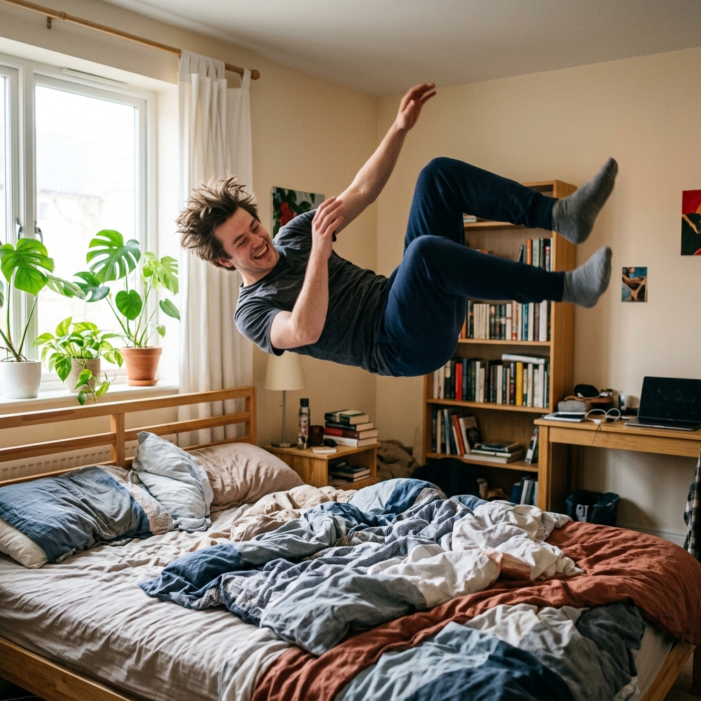 4. Attempts a backflip onto a bed