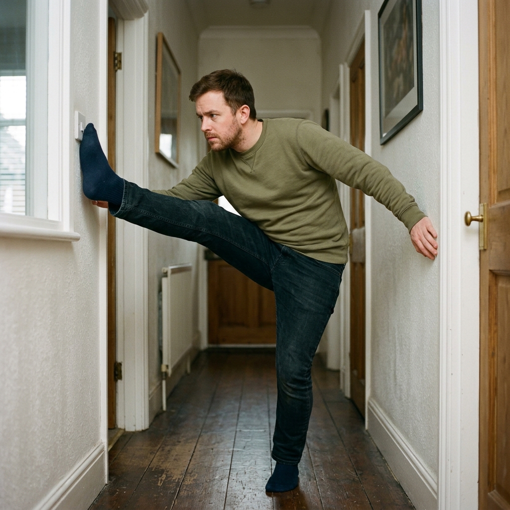 7. Flicks a light switch with his foot just to see if he can