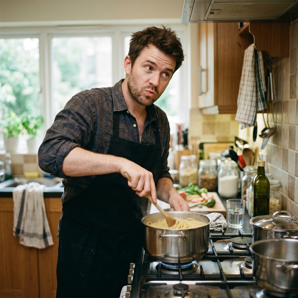 8. Practices a fake British accent while cooking pasta