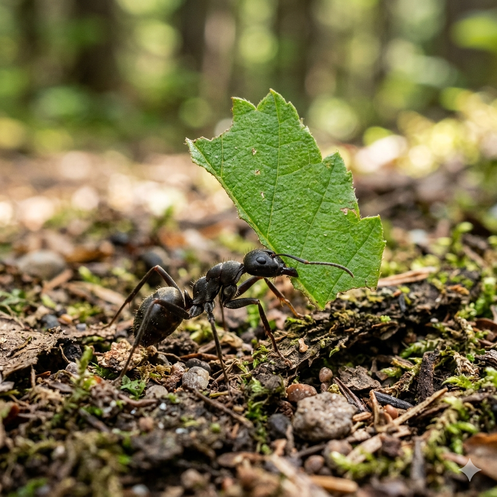 ant carrying leaf