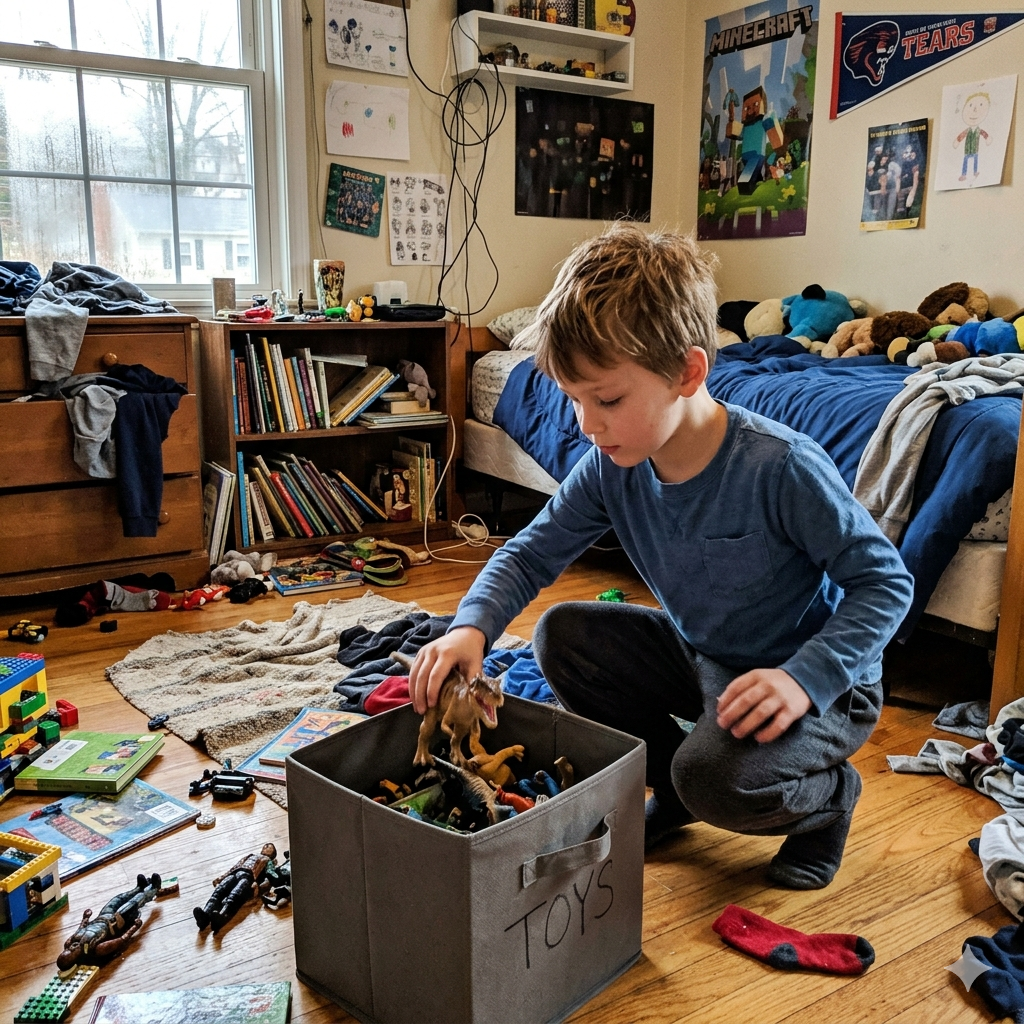 boy cleaning room