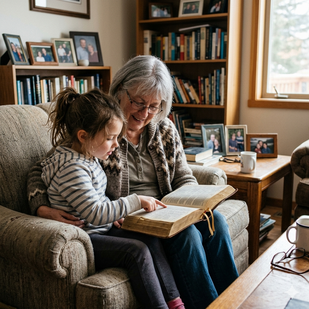 girl and grandmother reading the bible