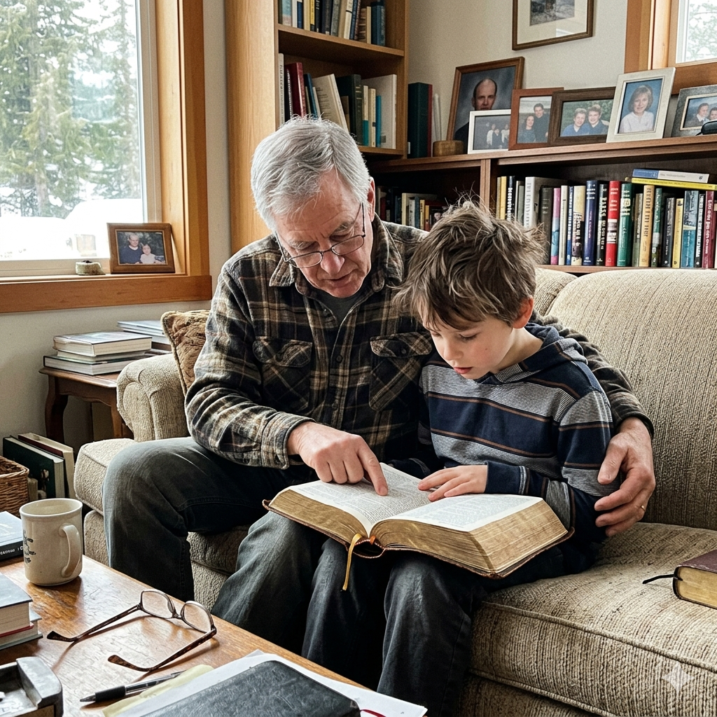 grandfather and grandson reading bible