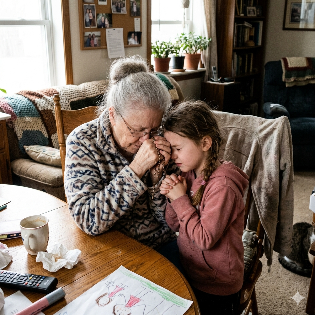 grandmother and granddaughter praying