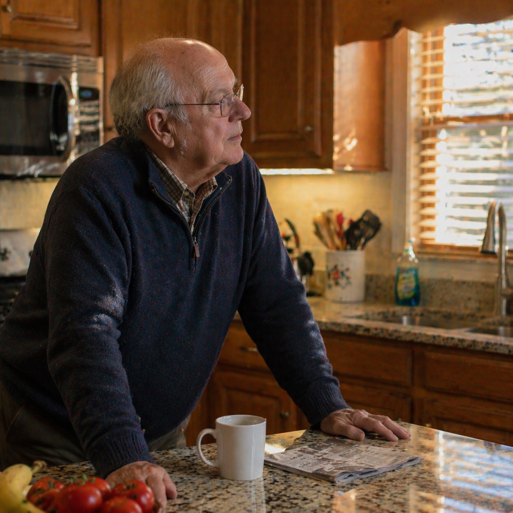 leaning on kitchen counter