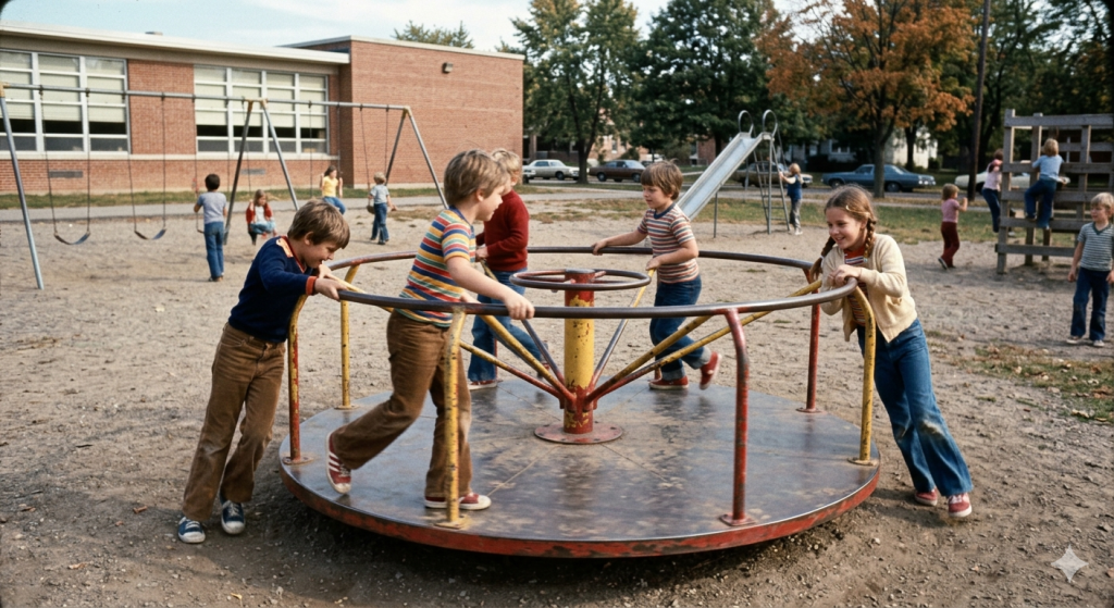 metal merry go round in a school playground