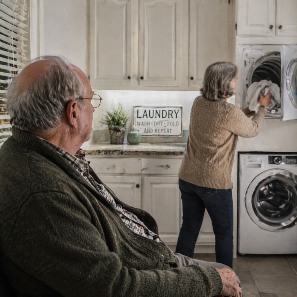 watching wife stack the laundry
